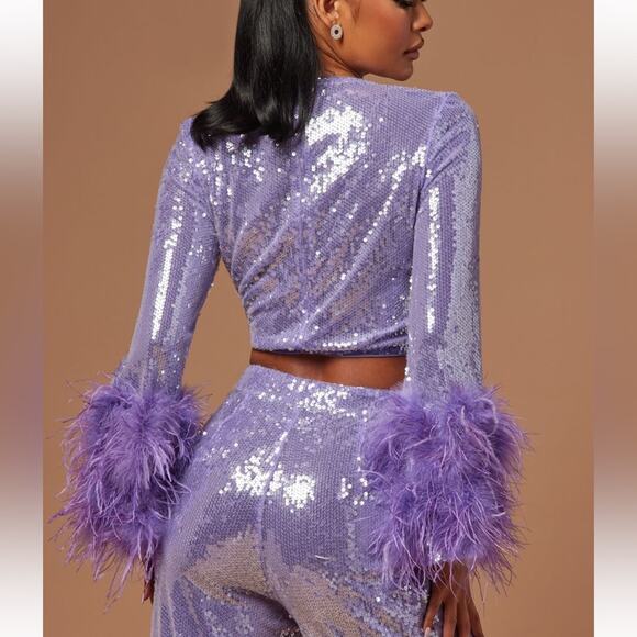 Purple Sequin and Feather Matching Set long sleeve high waist XS/S - Picture 4 of 10